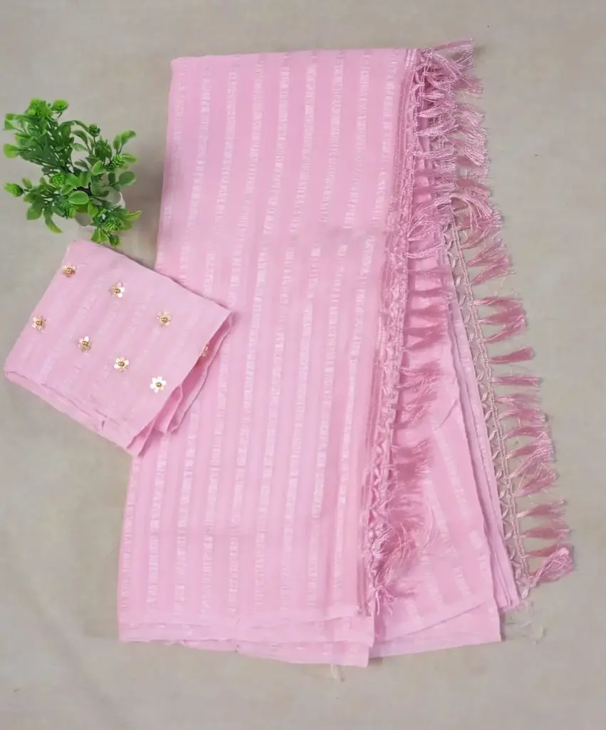 Pink Striped Soft Silk Saree with Designer Tassel Border & Sequin Work Blouse – Party & Festive Wear