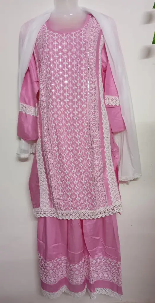 Pink Cotton Salwar Suit Set for Women with Embroidered Kurti & Lace Detailing – Ready to Wear Ethnic Set – XXL