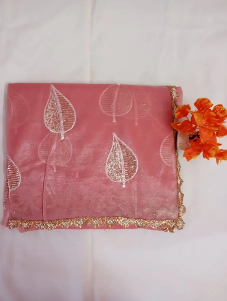 Elegant Pink Color Designer Jimmy Choo Saree with Golden Leaf Embroidery & Lace Border