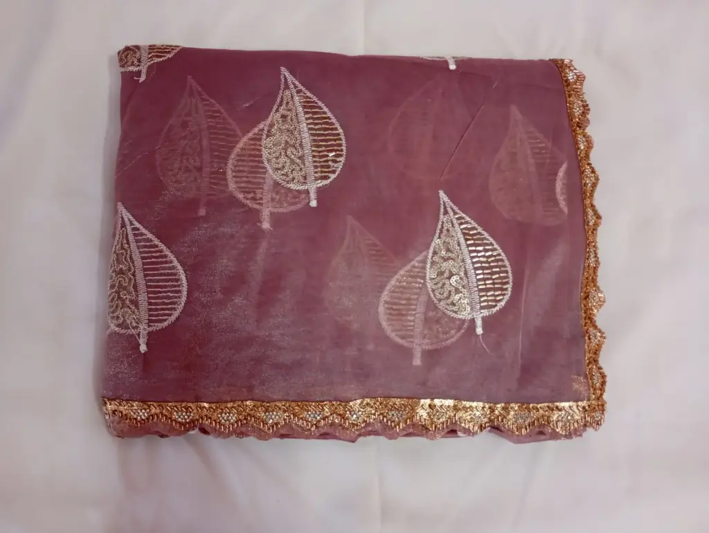  Elegant Brown Color Designer Jimmy chu Saree with Golden Leaf Embroidery & Lace Border