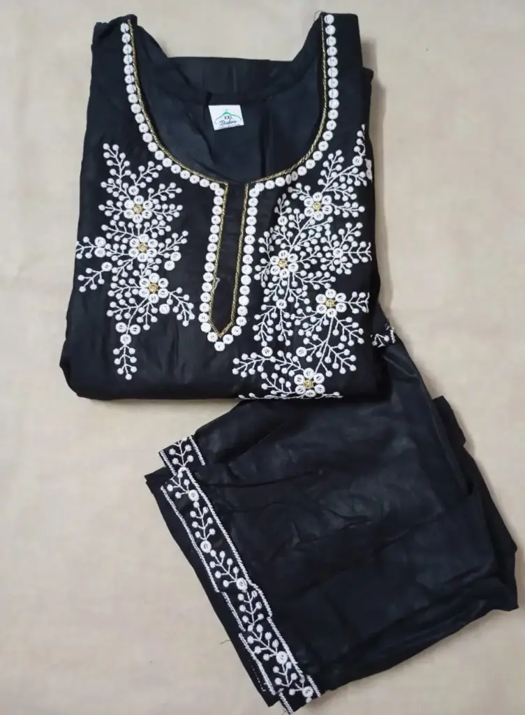 Black Embroidered Suit Set with White Floral Detailing-2 Piece Set-XXL