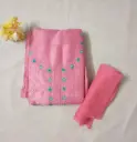 Peach Pink Crepe Silk Unstitched Dress Material with Sky Blue and Golden Embroidery