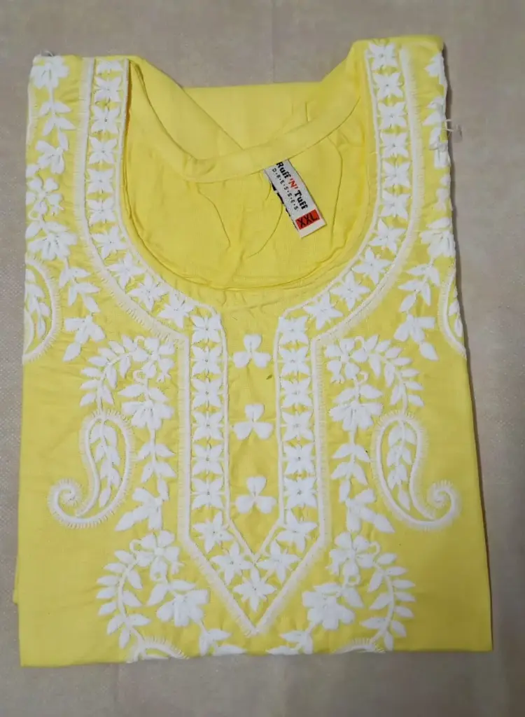 Lemon Yellow White Thread Embroidery Cotton Kurti - XXL