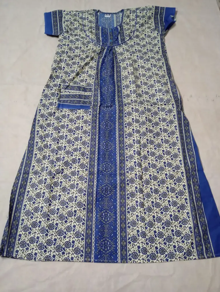 Royal Indigo Bloom Cotton Nighty with Pocket- Free Size