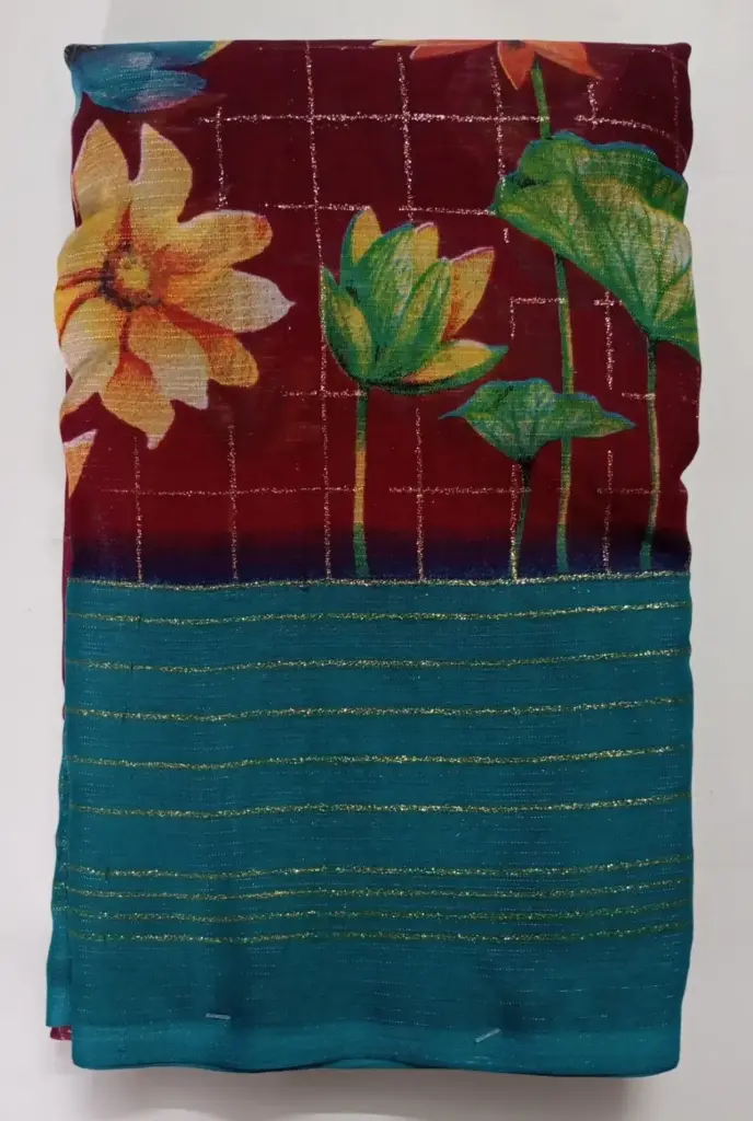 Maroon and Green Floral Fancy Saree
