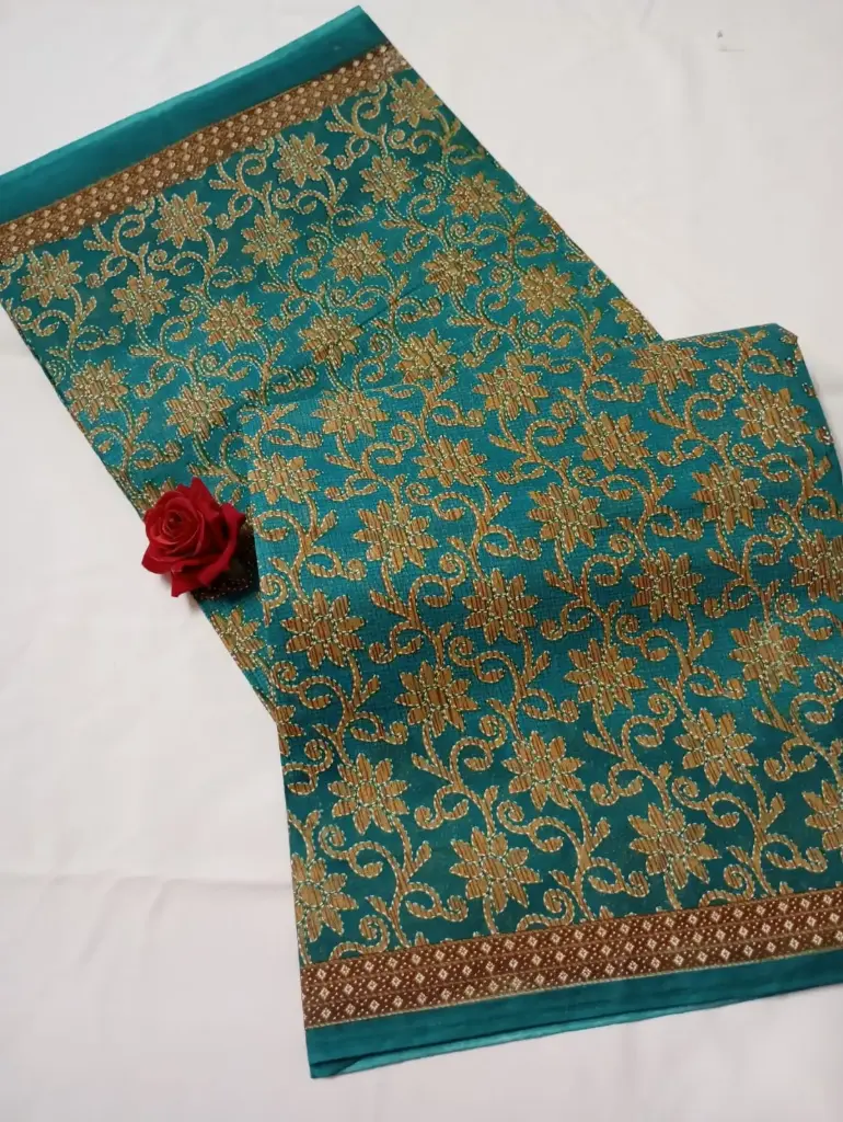 Teal Green Printed Cotton Saree With Golden Design