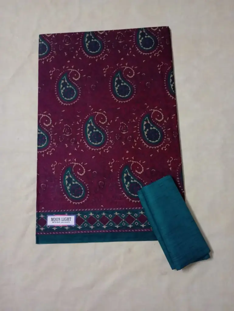 Printed Cotton Saree Dark Maroon With Teal Green Border