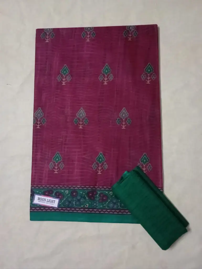 Printed Rich Pink Cotton Saree With Green Border