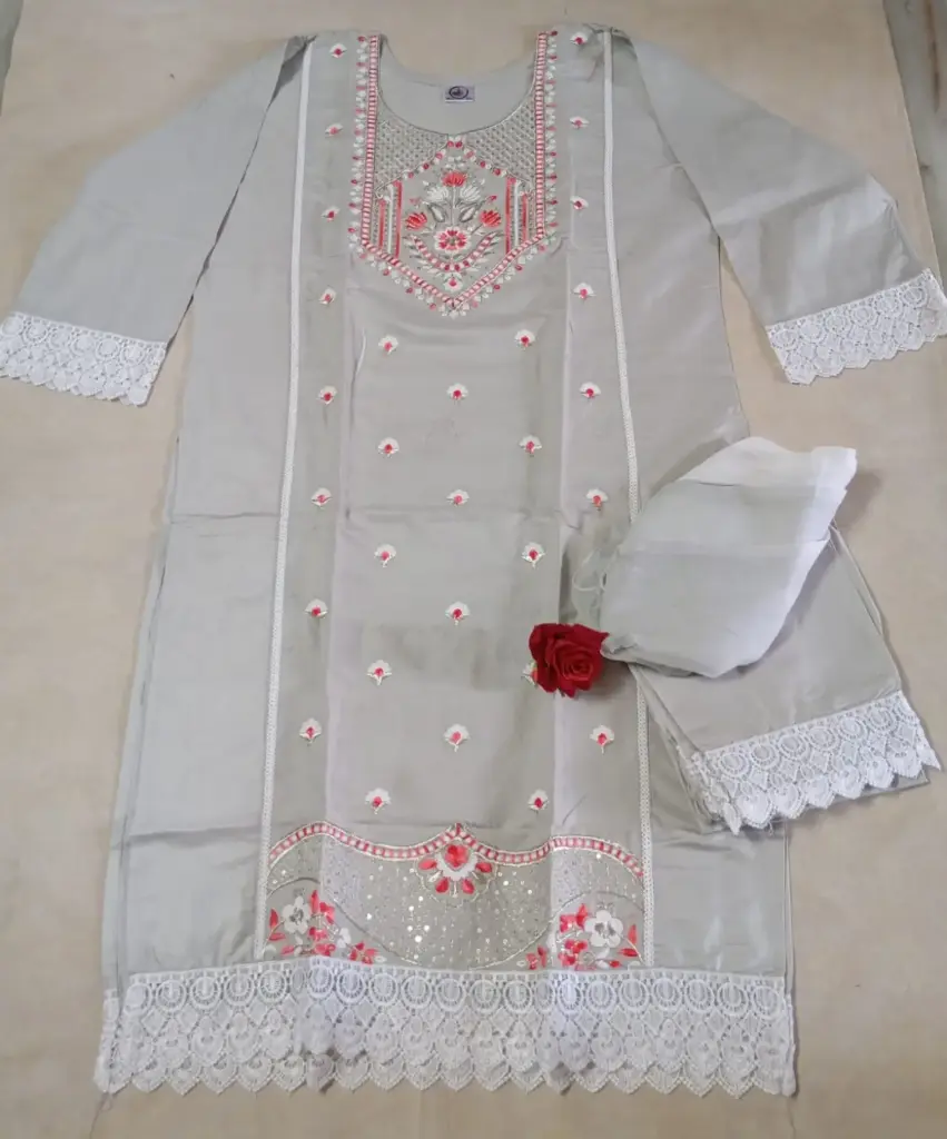 Light Grey Embroidered Salwar Suit Set With Lace Detailing