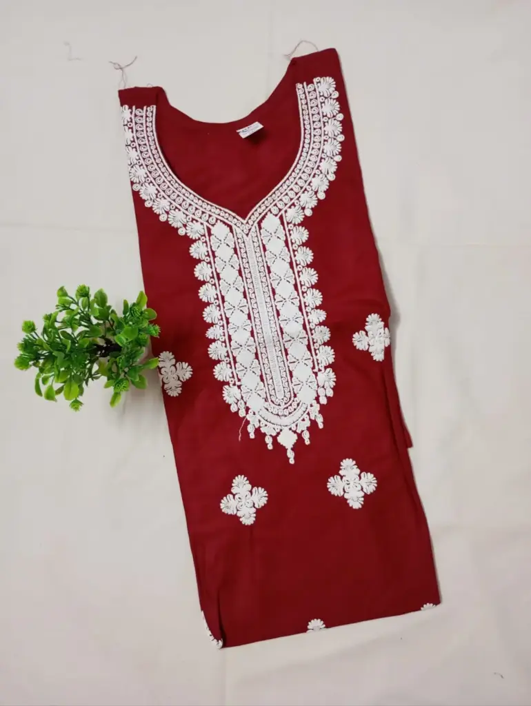 Maroon Cotton Kurti with White Thread Floral Embroidery