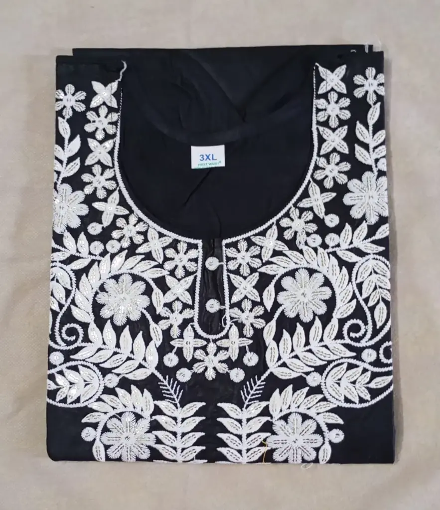 Black Cotton Kurti with White Embroidery