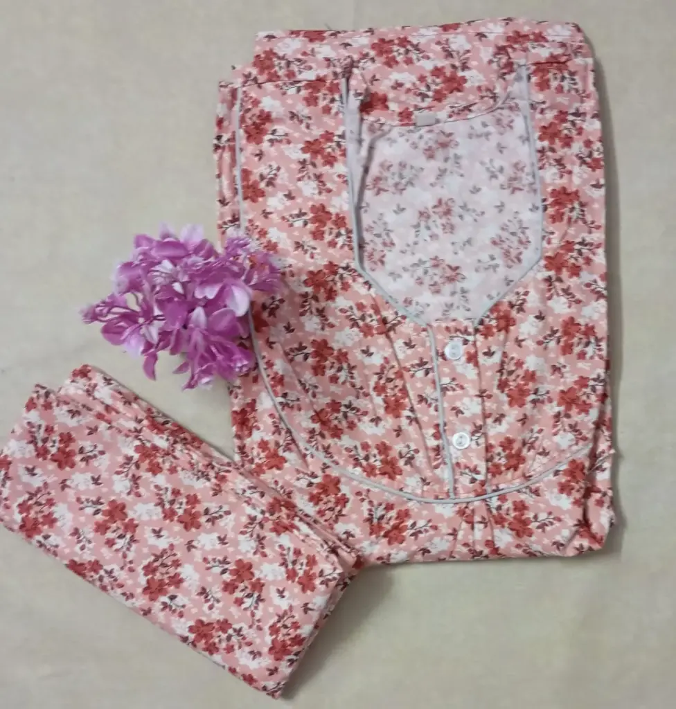 Red Floral Long Sleeve Cotton Nighty