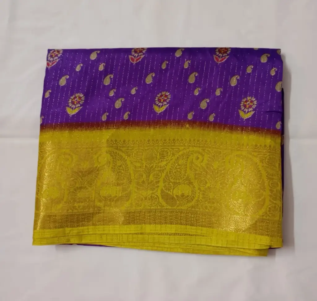 Purple Dola Silk Saree with Golden Zari Border and Floral Butta Work 