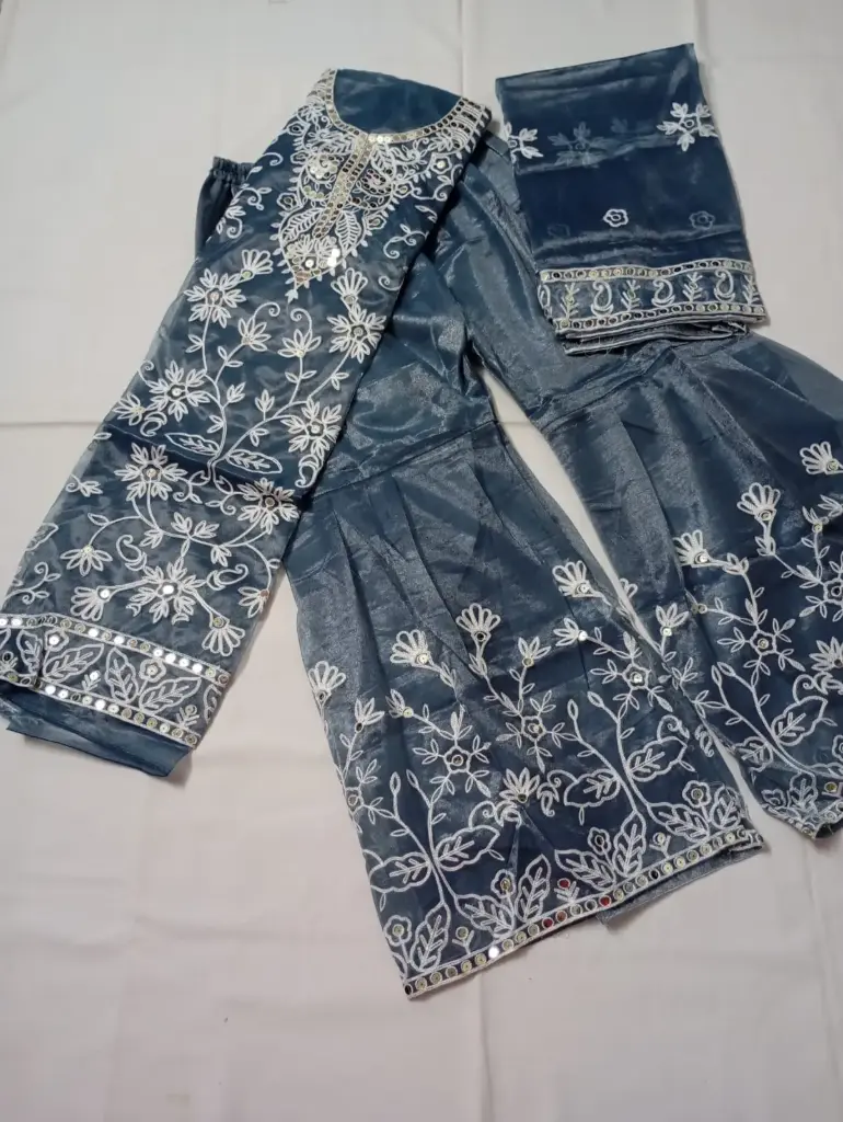 Semi Stitched Blue Sharara With Embroidery