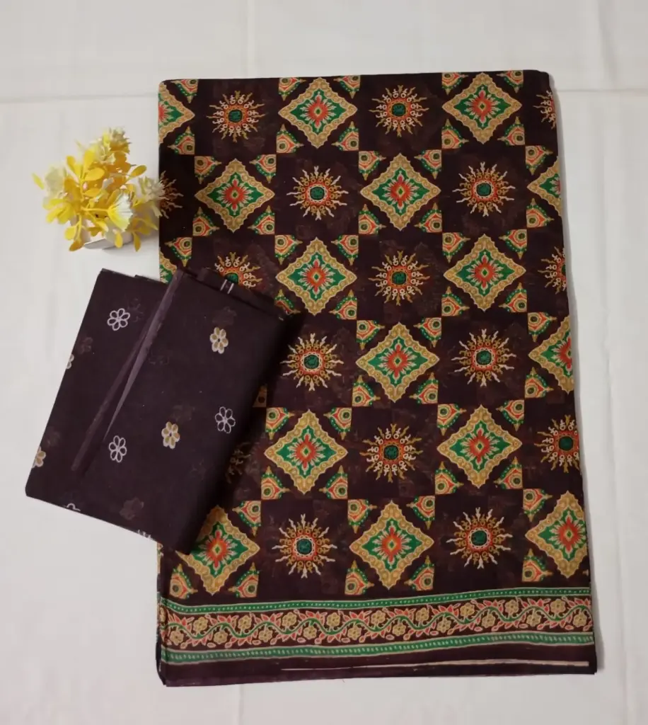 Dark Brown Handloom Cotton Printed Saree 