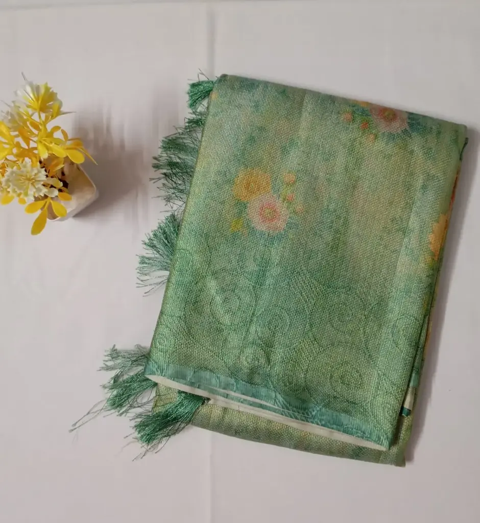 Pastel Green Color Digital Floral Printed Crushed Tissue Saree