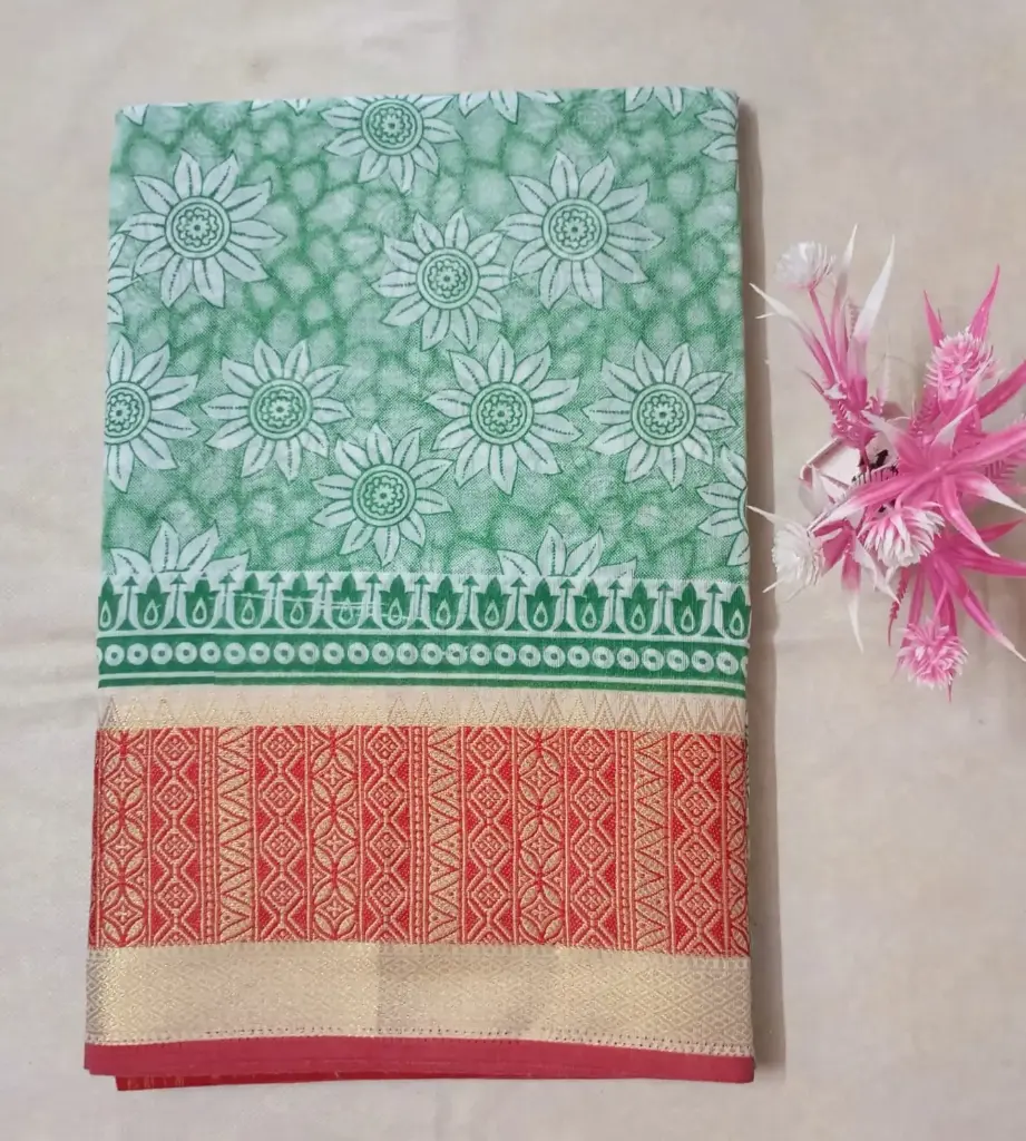 Green Floral Printed Cotton Saree with Rich Zari Border