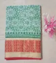 Green Floral Printed Cotton Saree with Rich Zari Border