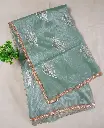 Elegant Pastel Green Designer Jimmchu Saree with Golden Leaf Embroidery & Lace Border