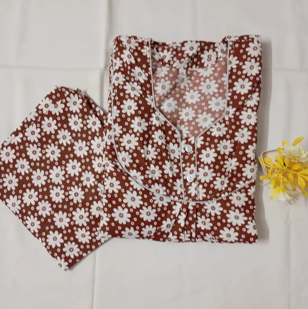 Brown & White Floral Printed Cotton Nighty With Long Sleeves And Dupatta