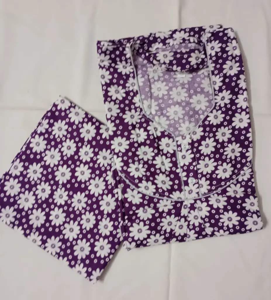 Purple & White Floral Printed Cotton Nighty With Long Sleeves And Dupatta