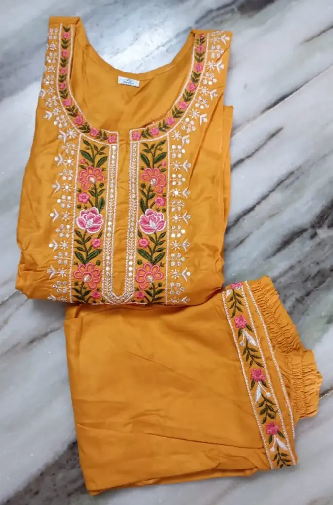 Yellow Embroidered Floral Thread Work Cotton Salwar Suit Set