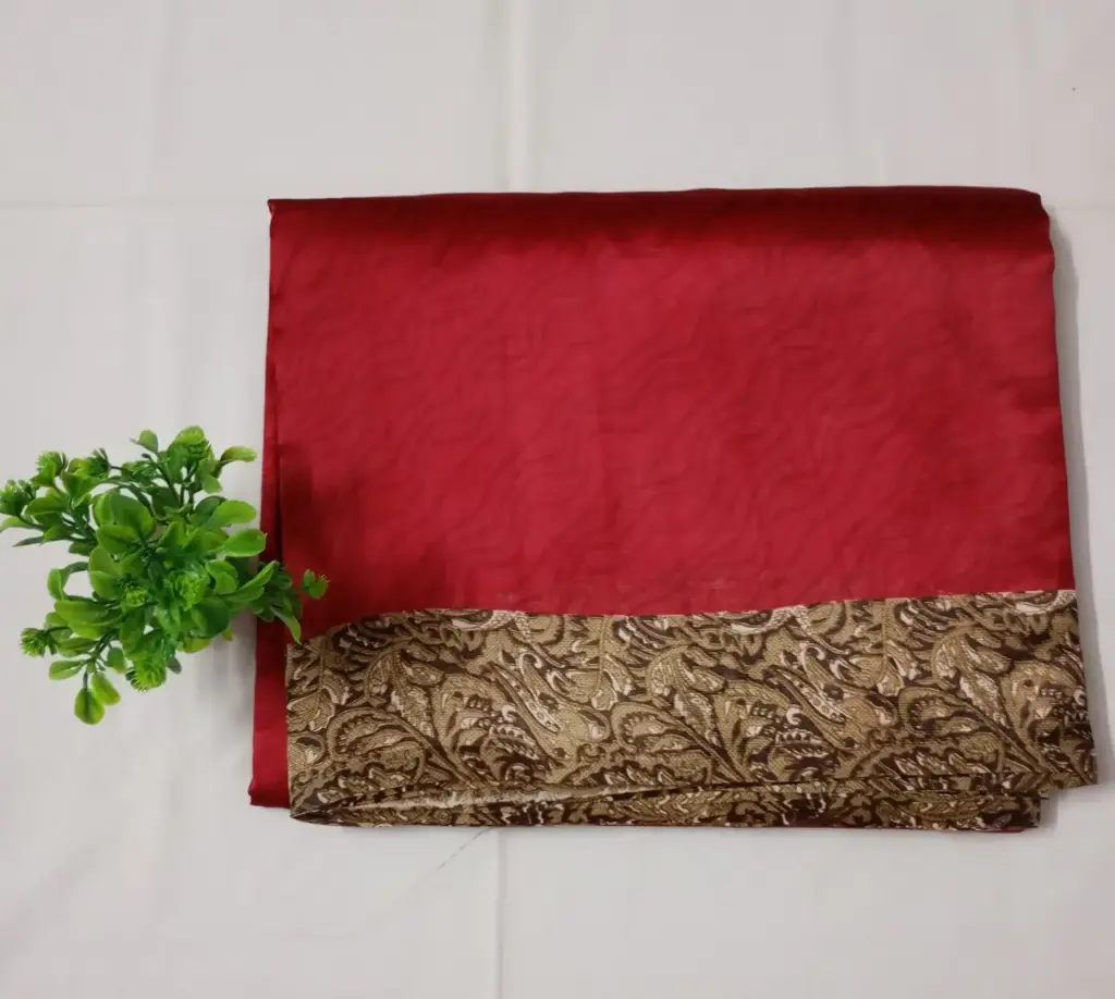 Red Korean Silk Saree with Small Border