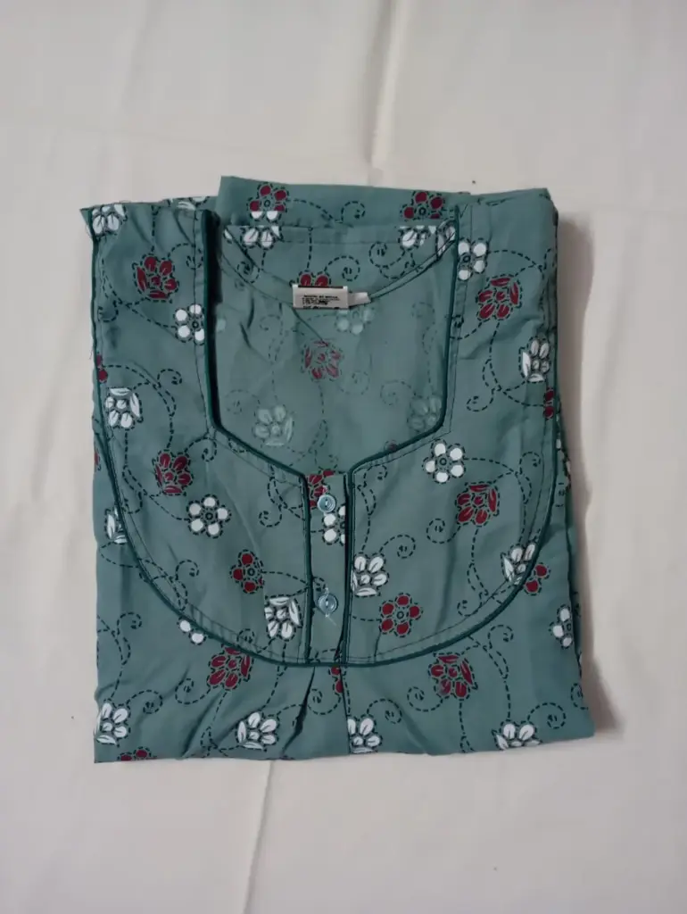Pine Green Cotton Nighty With Long Sleeves