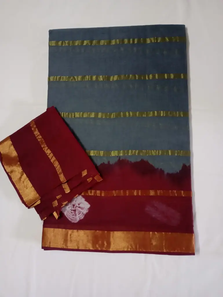 Grey and Purple Handloom Cotton Saree with Golden Zari Border & Tie-Dye
