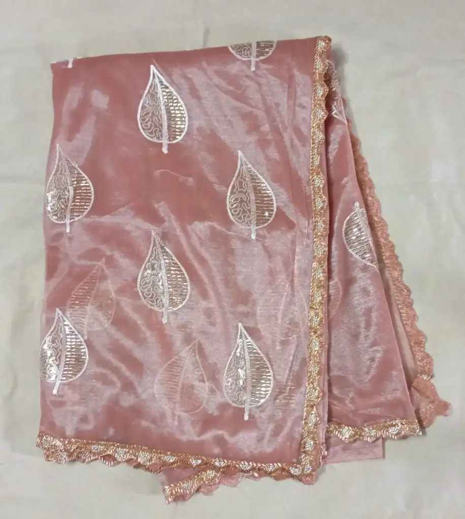  Elegant Peach Color Designer Jimmchu Saree with Golden Leaf Embroidery & Lace Border