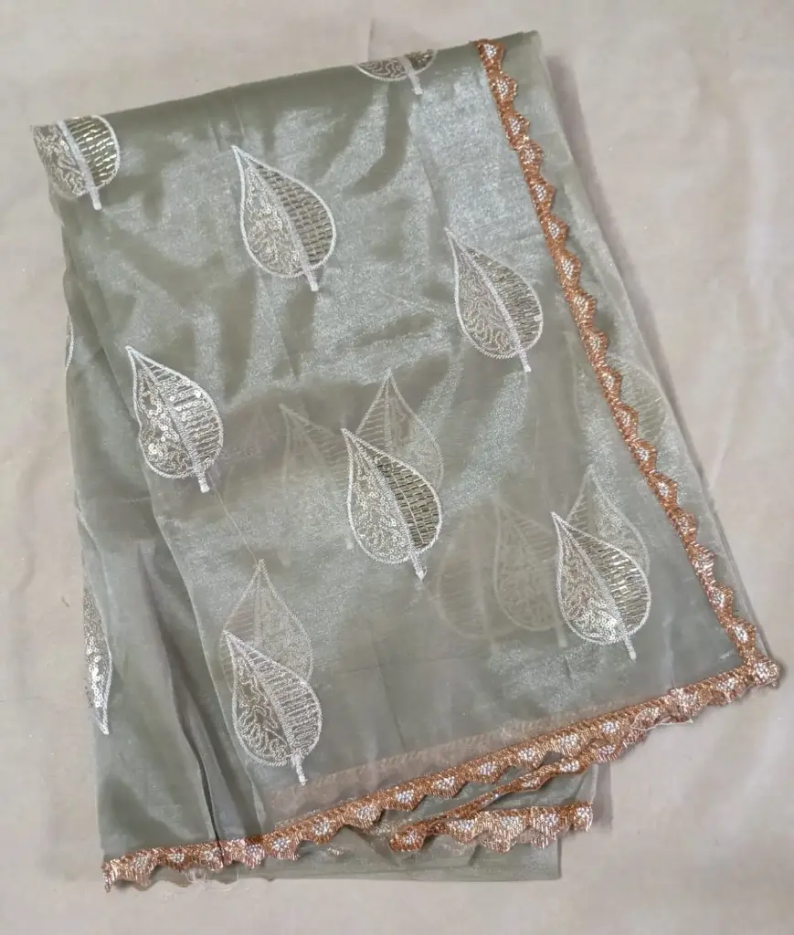 Elegant Pastel Green Designer Jimmchu Saree with Golden Leaf Embroidery & Lace Border