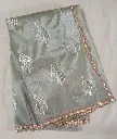 Elegant Pastel Green Designer Jimmchu Saree with Golden Leaf Embroidery & Lace Border