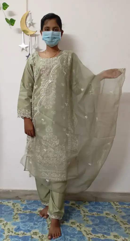 Sage Green Embroidered Organza Salwar Suit with Dupatta - XL Size