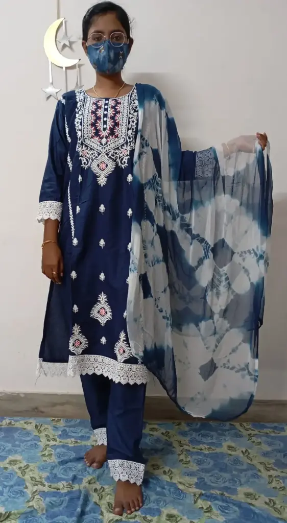 Cotton Navy Blue Embroidered Salwar Suit Set with Tie-Dye Dupatta - XXL size