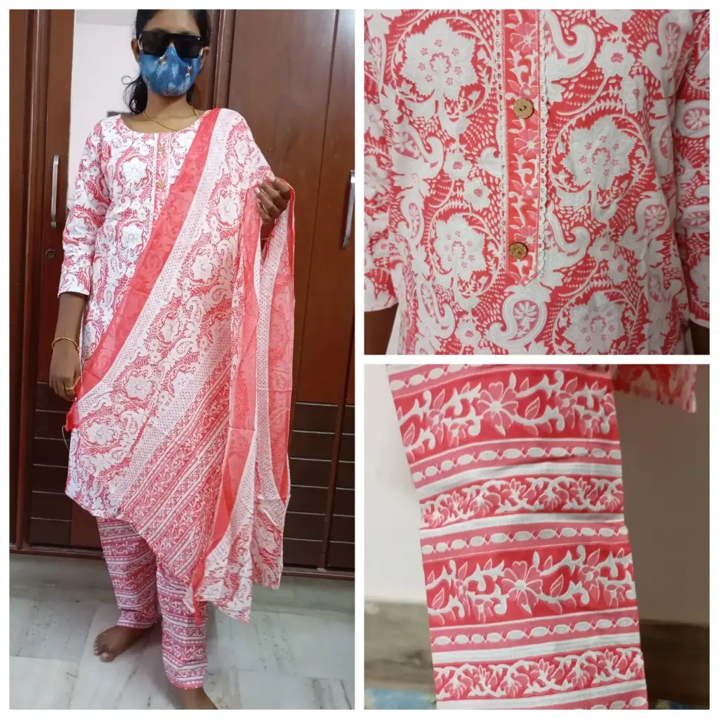 Women’s Cotton Kurta Set with Dupatta | Pink & White Floral Print | 