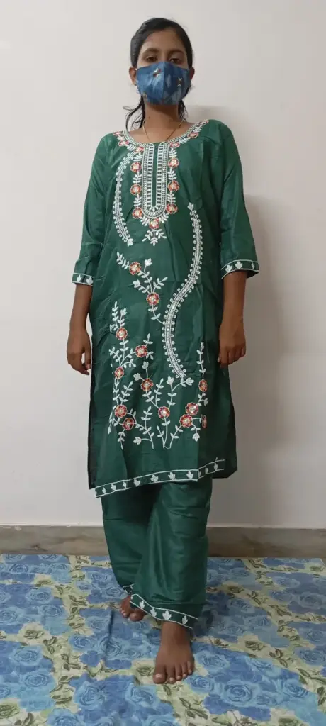 Green Floral Embroidered Cotton Kurta Set - 2 Piece Set - XXL Size