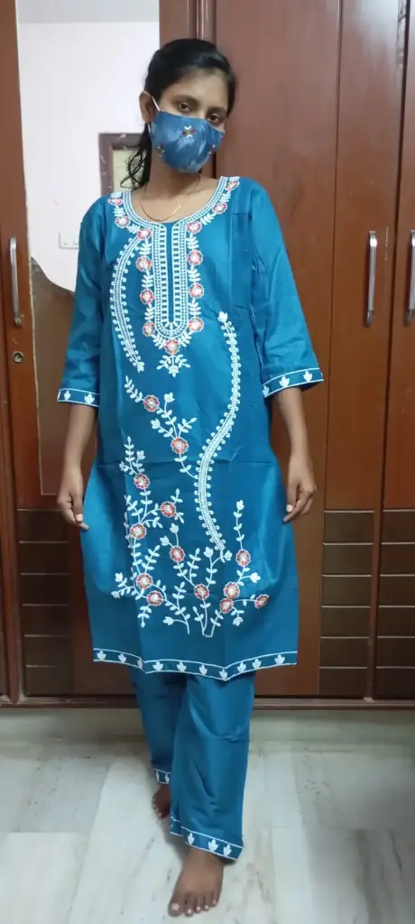 Teal Blue Floral Embroidered Cotton Kurta Set -  2 Piece Set - XXL Size