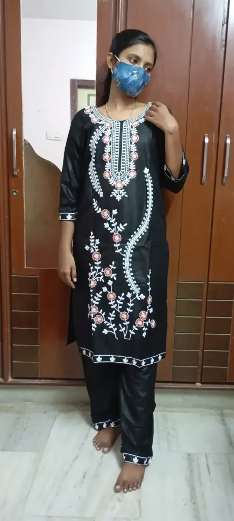 Black Floral Embroidered Cotton Kurta Set - 2 Piece Set - XXL Size
