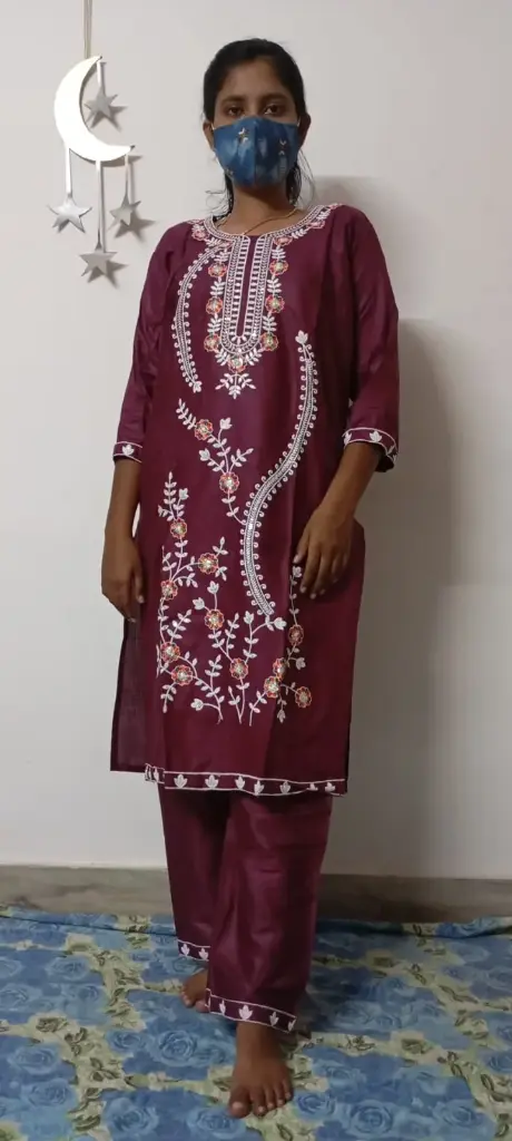 Maroon Floral Embroidery Cotton Kurta Set - 2 Piece Set - XXL Size