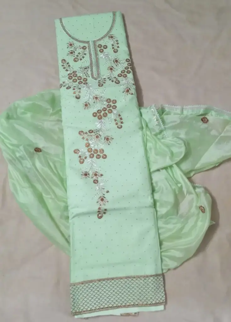 Elegant Pista Green Color Embroidered Jam Cotton Dress Material with Sequin and Thread Work 