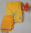 Bright Yellow Embroidered Dress Material with Floral Thread Work and Golden Border Dupatta