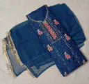 Royal Blue Embroidered Dress Material with Golden Detailing and Floral Dupatta