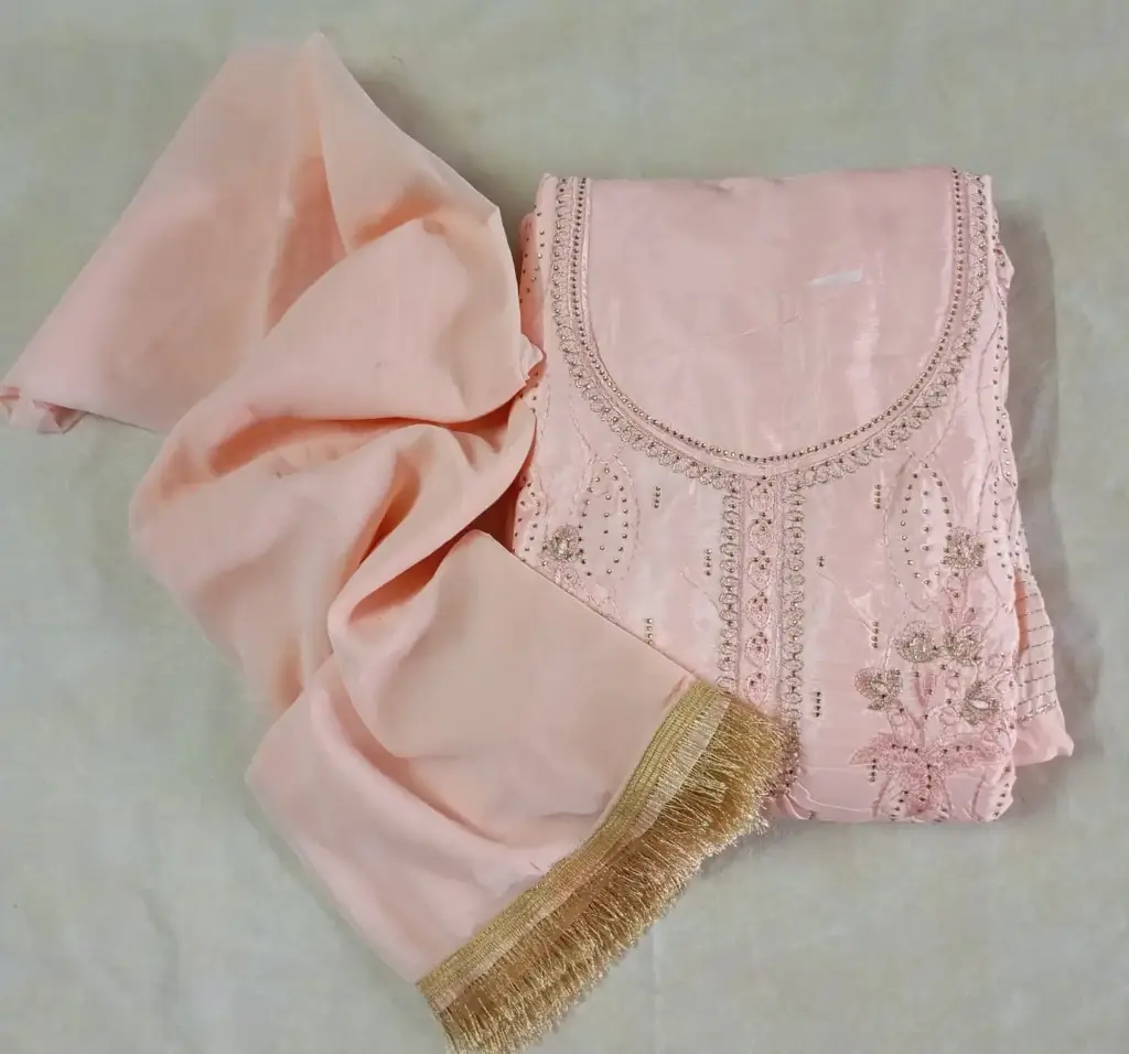 Elegant Peach Embroidered Crepe Silk Dress Material