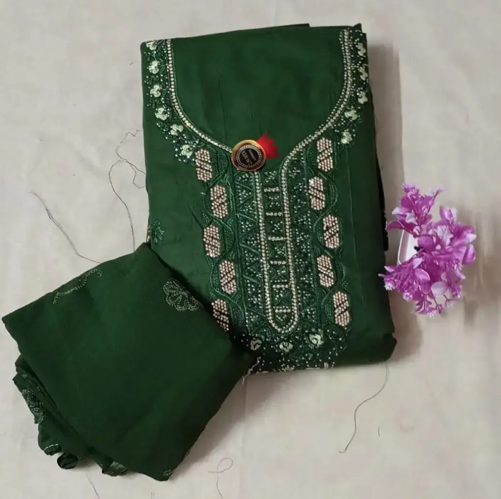 Dark Green Embroidered Jam Cotton Dress Material with Sequin Detailing