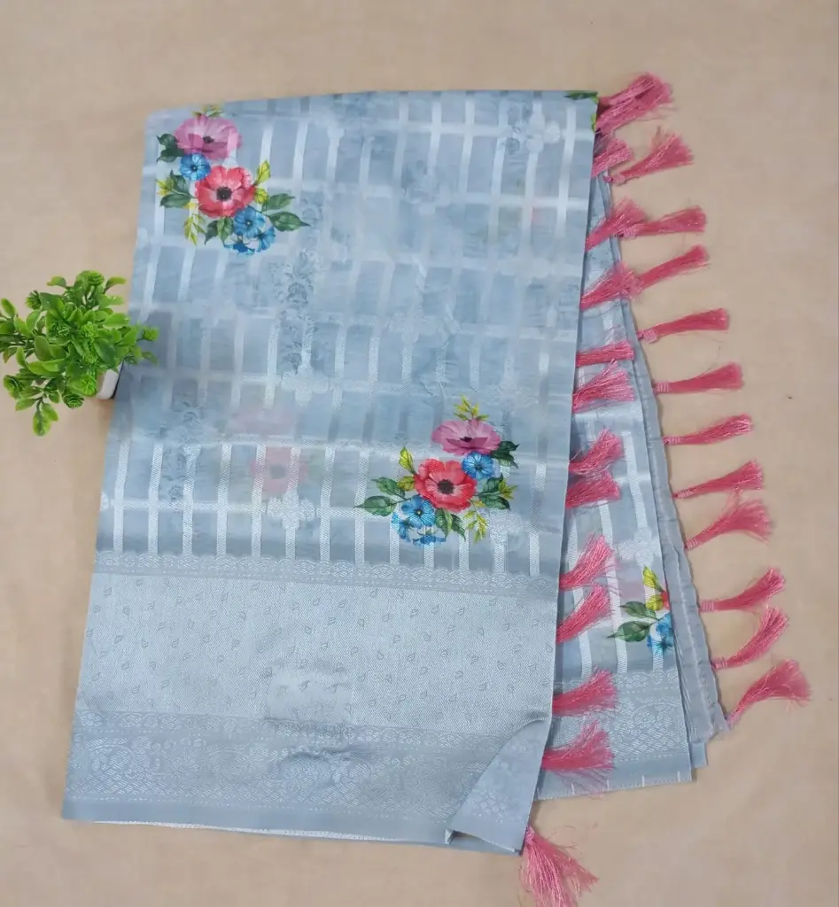 Sky Blue Lucknovi Silk Saree with Multicolor Floral Embroidery and Contrast Pink Tassel Pallu
