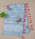 Sky Blue Lucknovi Silk Saree with Multicolor Floral Embroidery and Contrast Pink Tassel Pallu