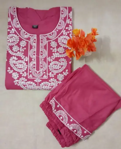 Pink Cotton Chikankari Style Embrioidery Kurta Set- 2 Piece Set- XXL