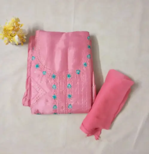 Peach Pink Crepe Silk Unstitched Dress Material with Sky Blue and Golden Embroidery