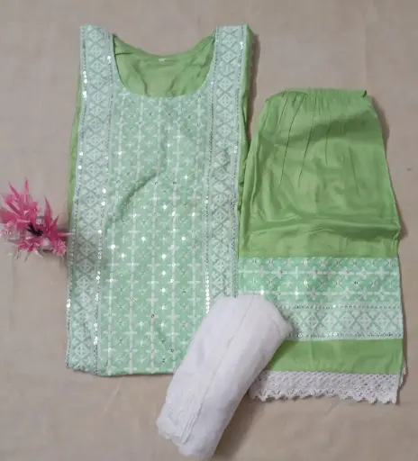 Pastel Green Cotton Embroidered Salwar Suit Set with White Dupatta - XXL