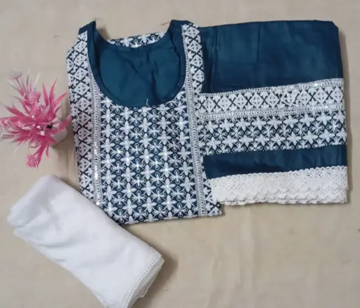 Navy Blue Cotton Embroidered Salwar Suit Set with White Dupatta – XXL